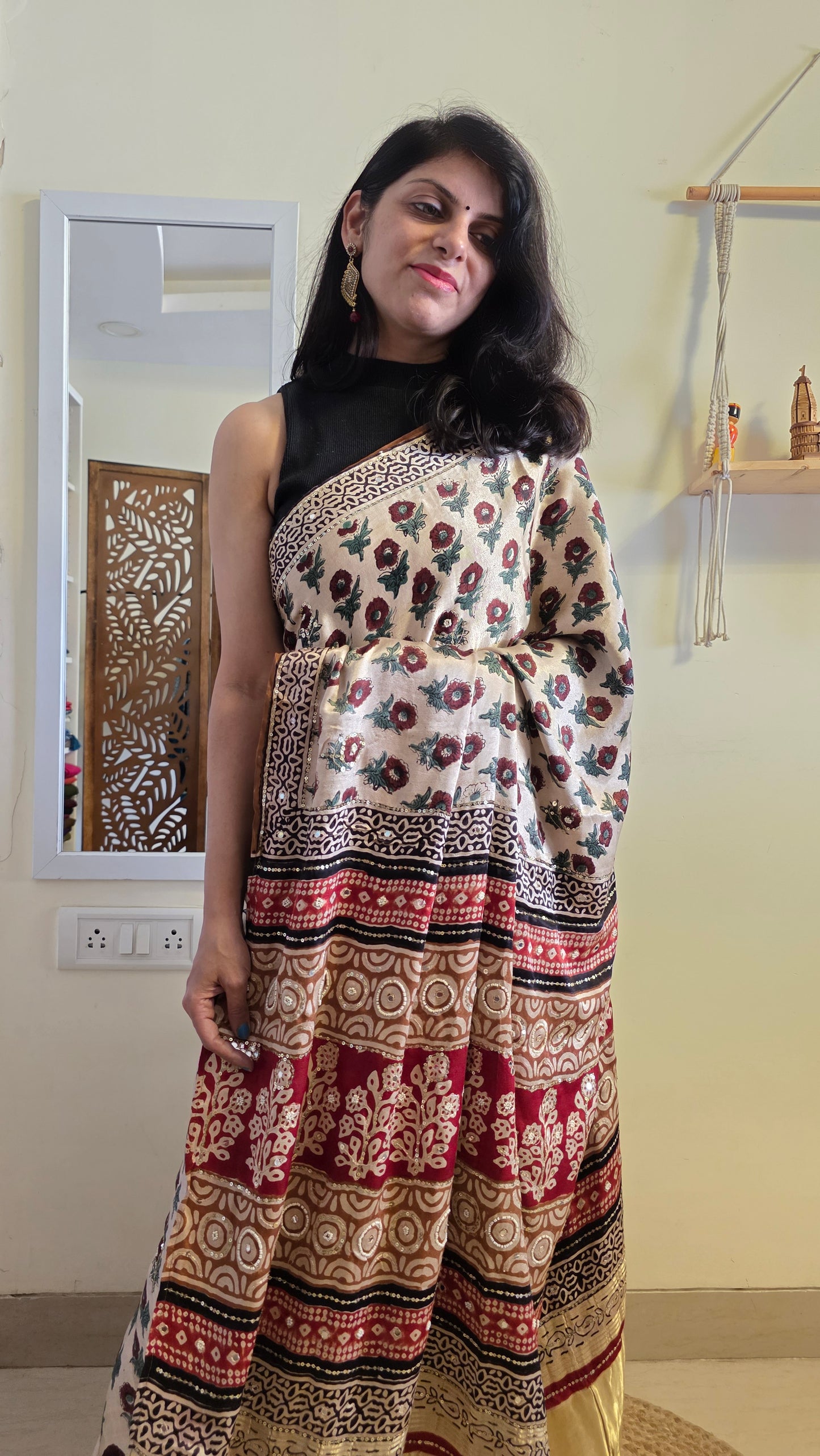 Bijli |Modal ajrakh Saree tissue pallu with hand embroidery