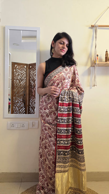 Bijli |Modal ajrakh Saree tissue pallu with hand embroidery