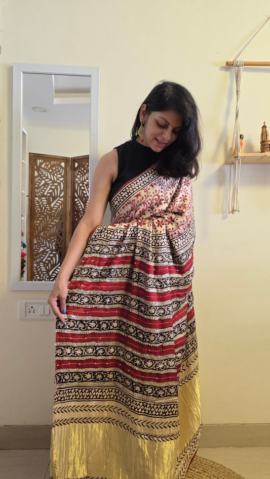 Bijli |Modal ajrakh Saree tissue pallu with hand embroidery