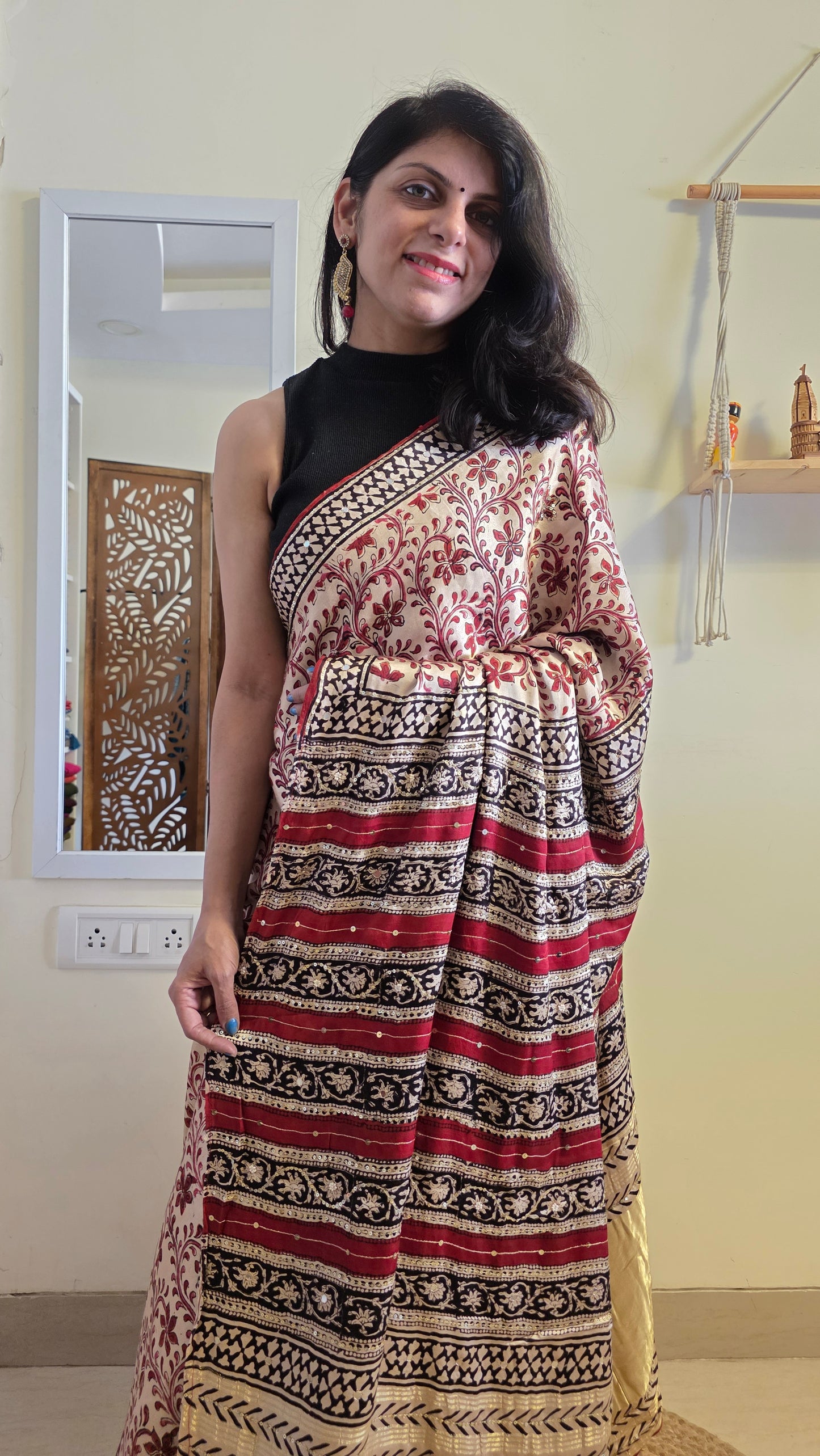 Bijli |Modal ajrakh Saree tissue pallu with hand embroidery