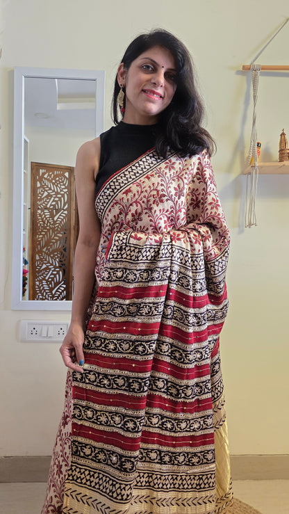 Bijli |Modal ajrakh Saree tissue pallu with hand embroidery