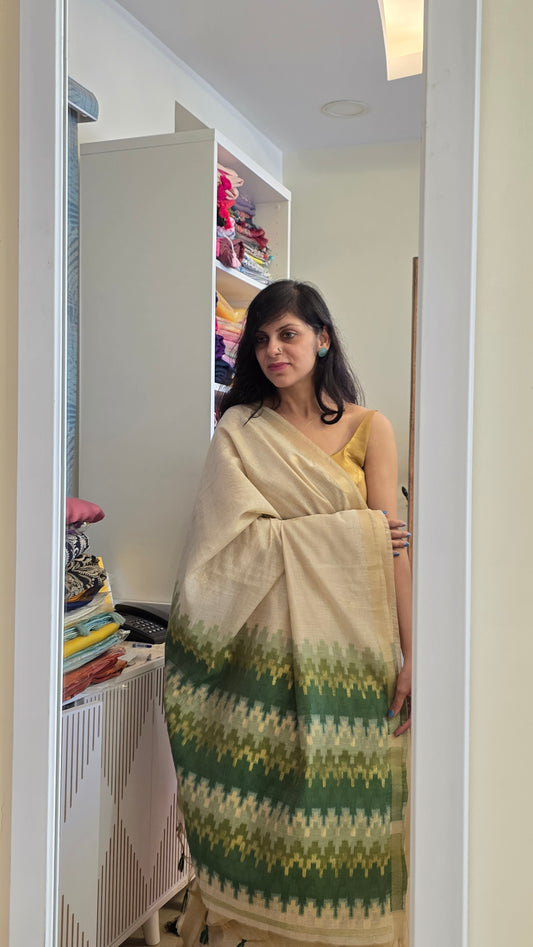 Mohini | Green/Off-white Cotton Silk Jamdani Saree