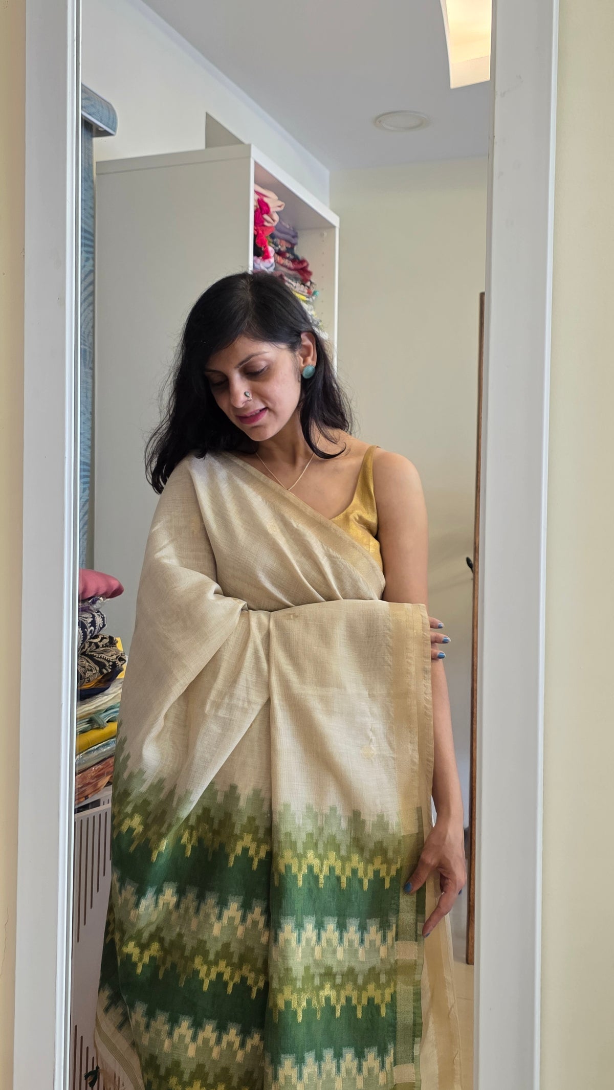 Mohini | Green/Off-white Cotton Silk Jamdani Saree