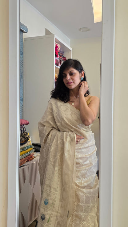 Mohini | Blue/off-white Cotton Silk Jamdani Saree
