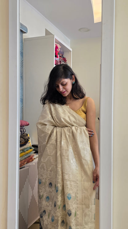Mohini | Blue/off-white Cotton Silk Jamdani Saree