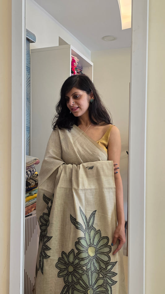 Mohini | Green off-white Applique Cotton Silk Jamdani Saree
