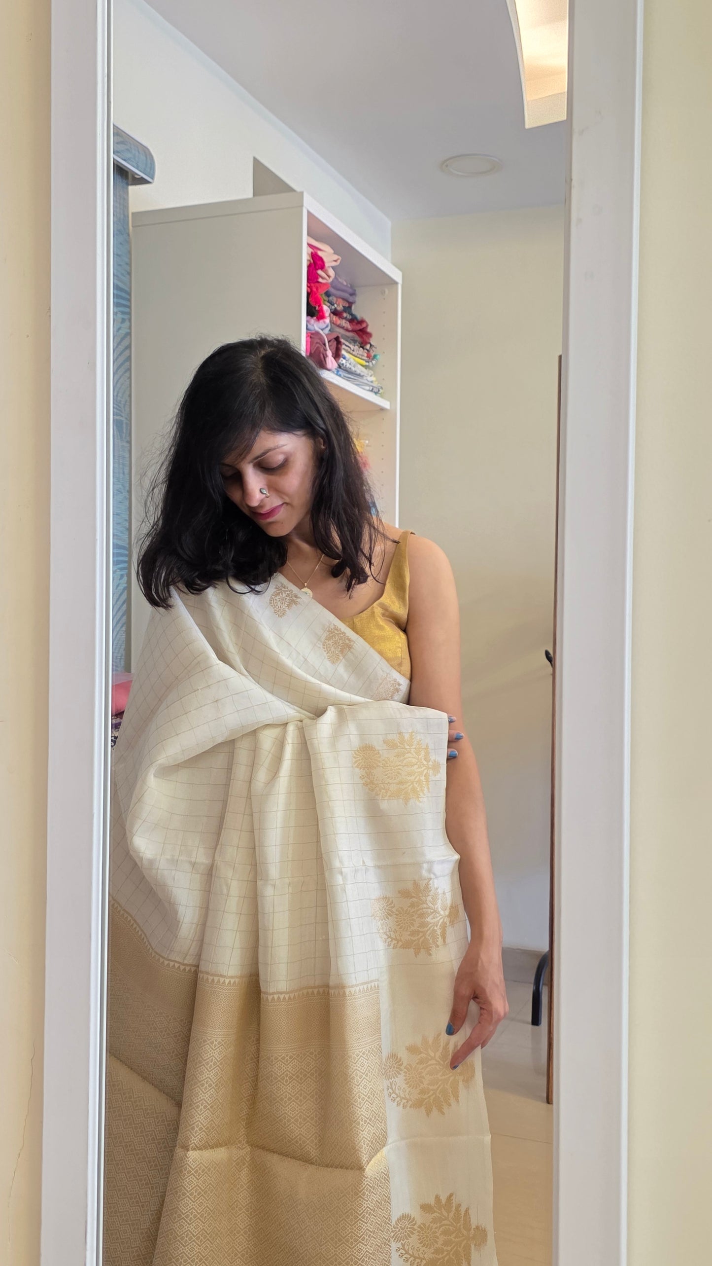 Ivory Checks Tussar silk Saree
