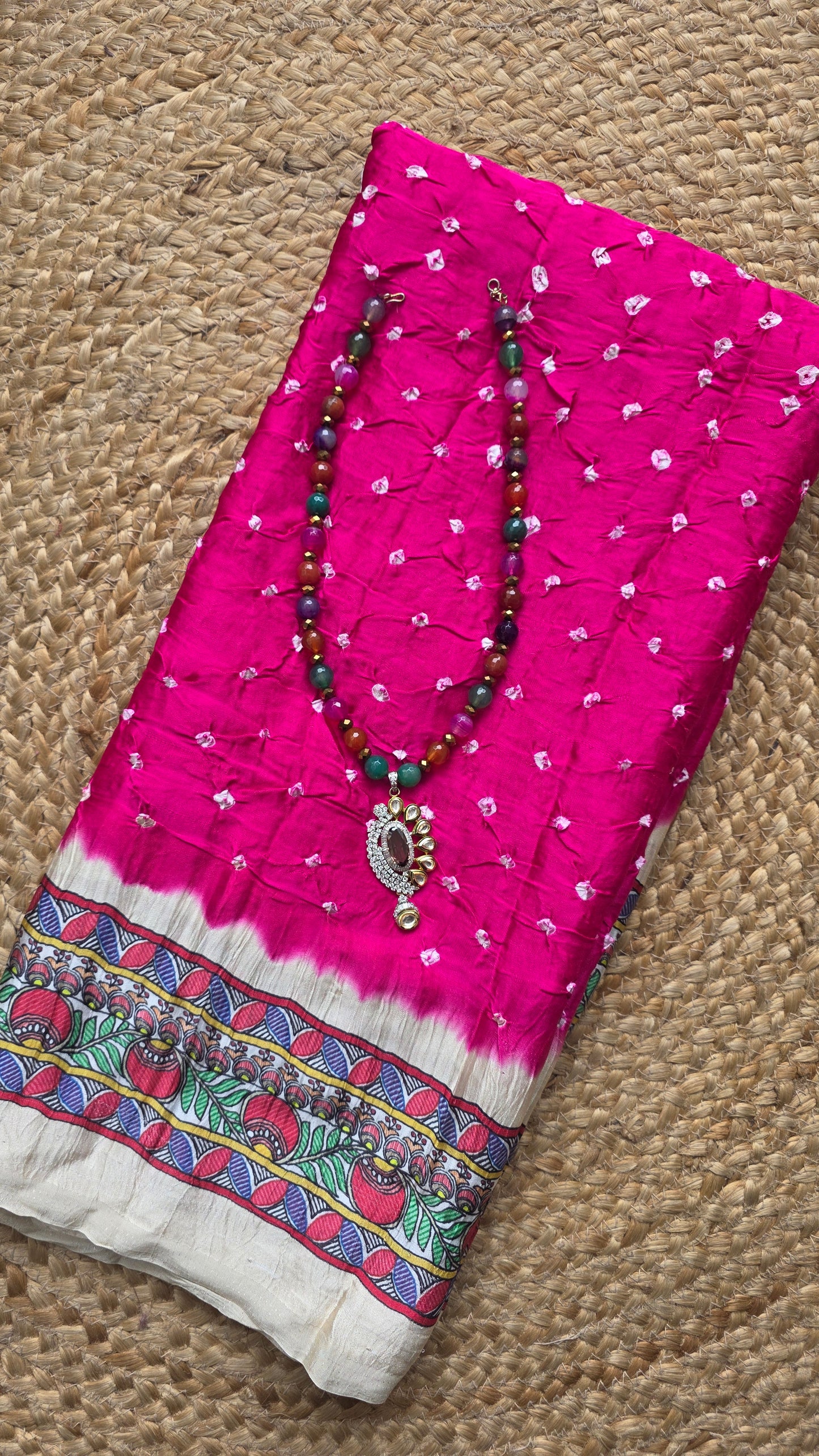 Boond | Pink Bandhej with pichwai Tissue pallu