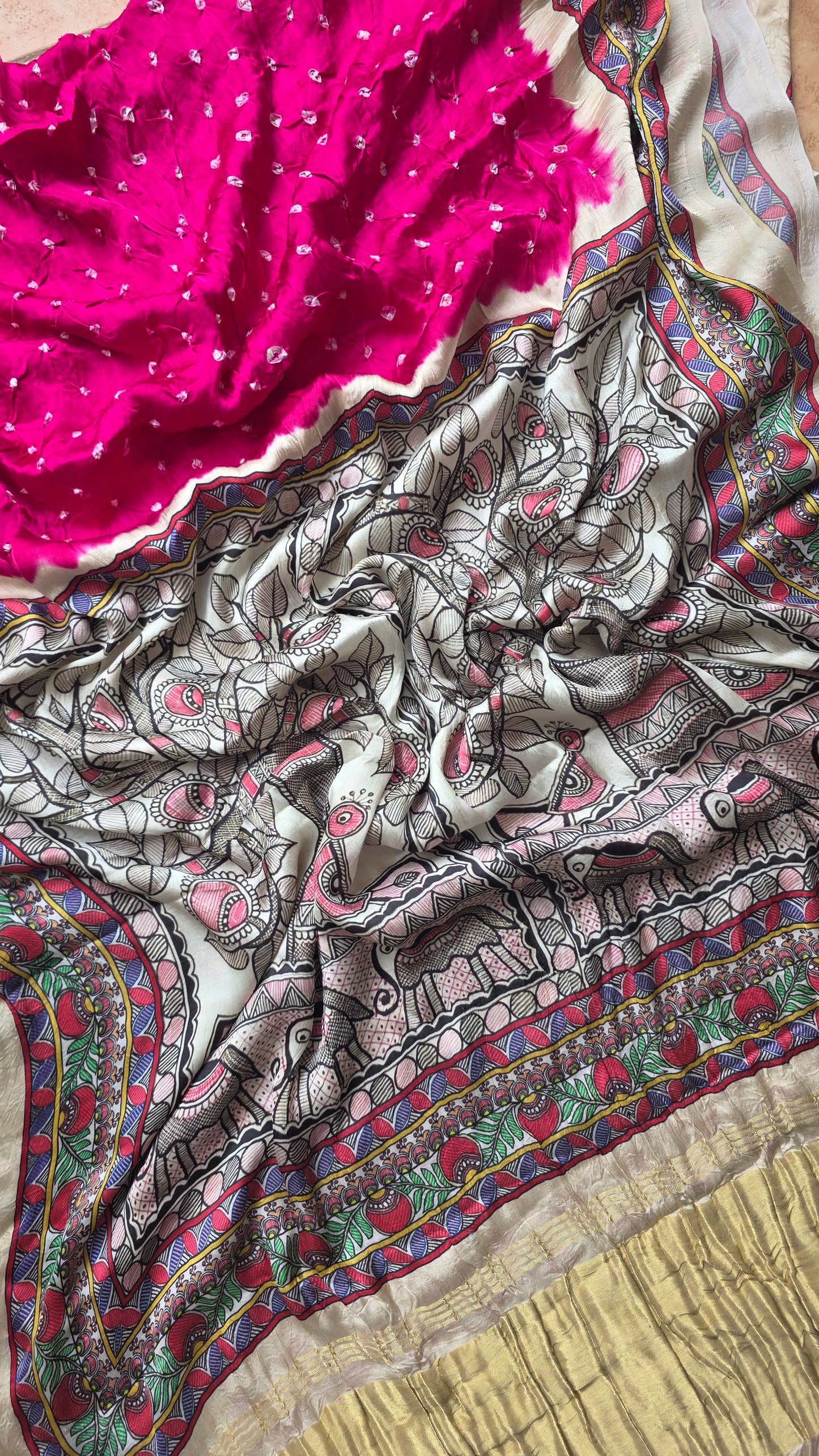 Boond | Pink Bandhej with pichwai Tissue pallu