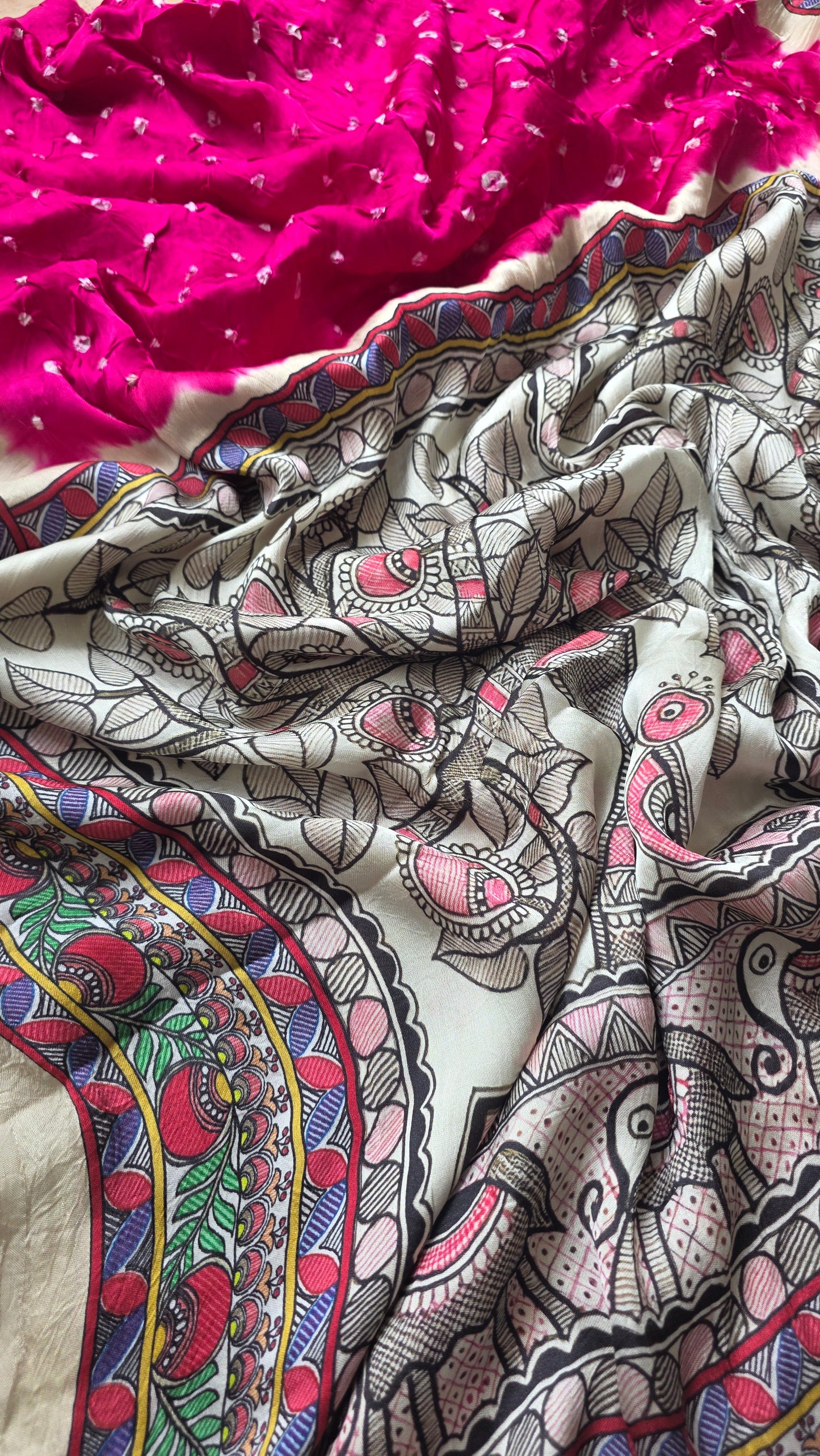 Boond | Pink Bandhej with pichwai Tissue pallu