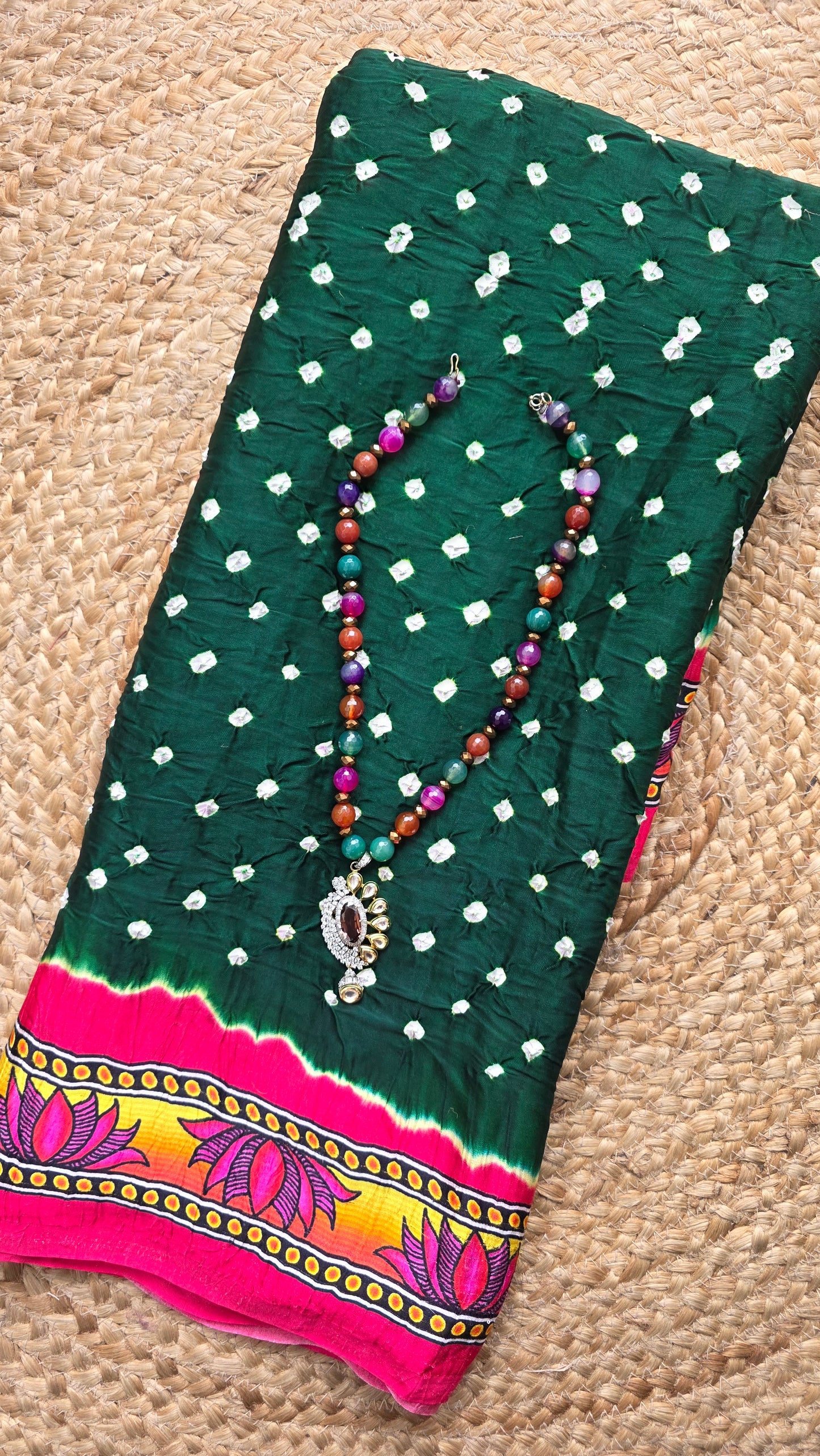 Boond | Green Bandhej with pichwai Tissue pallu