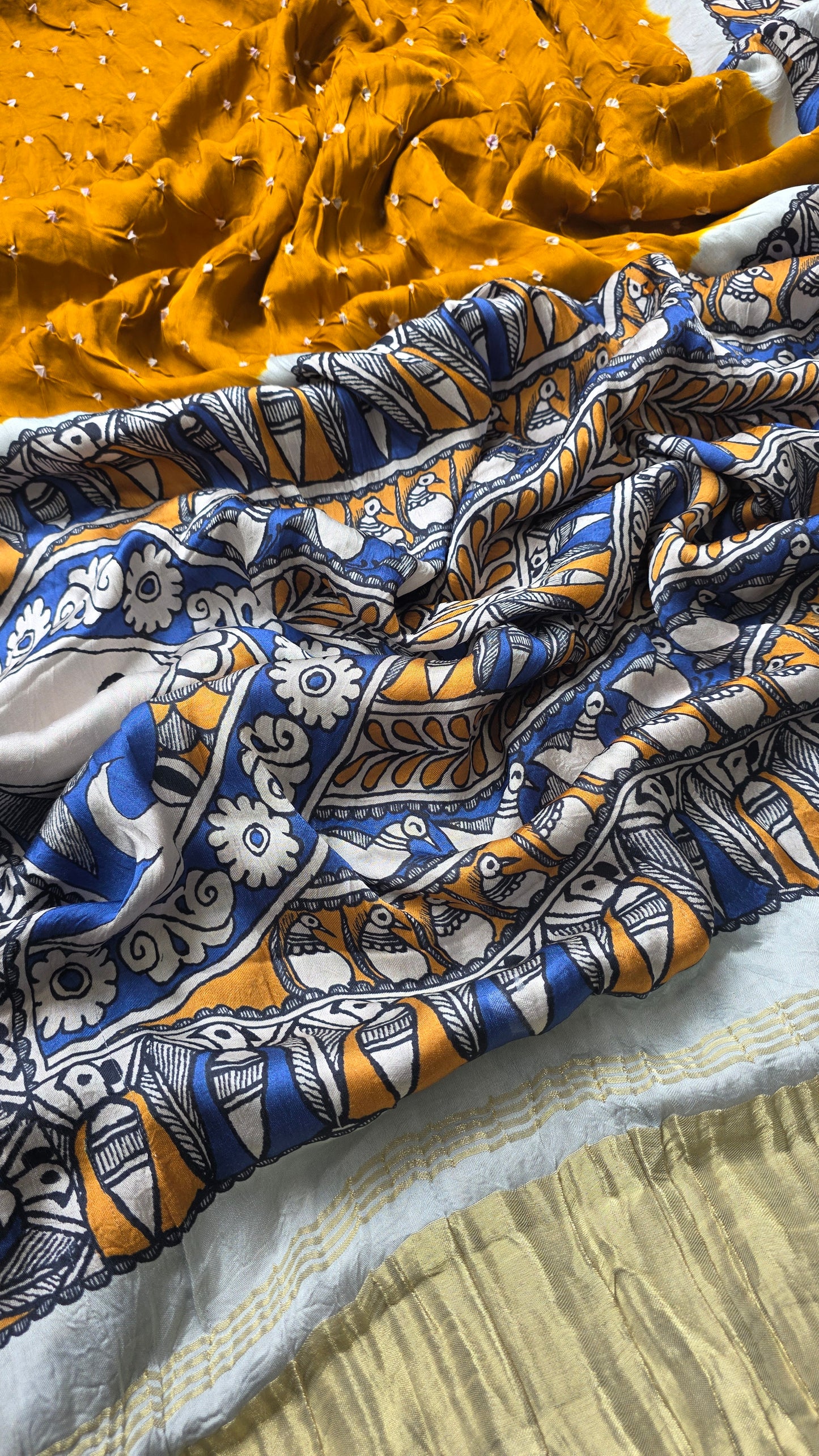 Boond | Mustard yellow Bandhej with pichwai Tissue pallu
