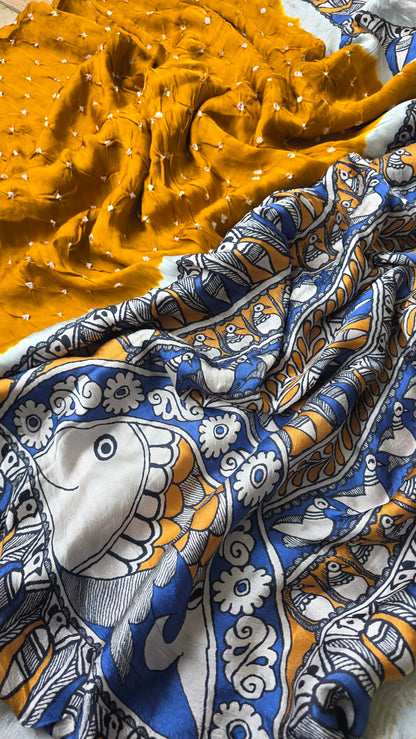 Boond | Mustard yellow Bandhej with pichwai Tissue pallu