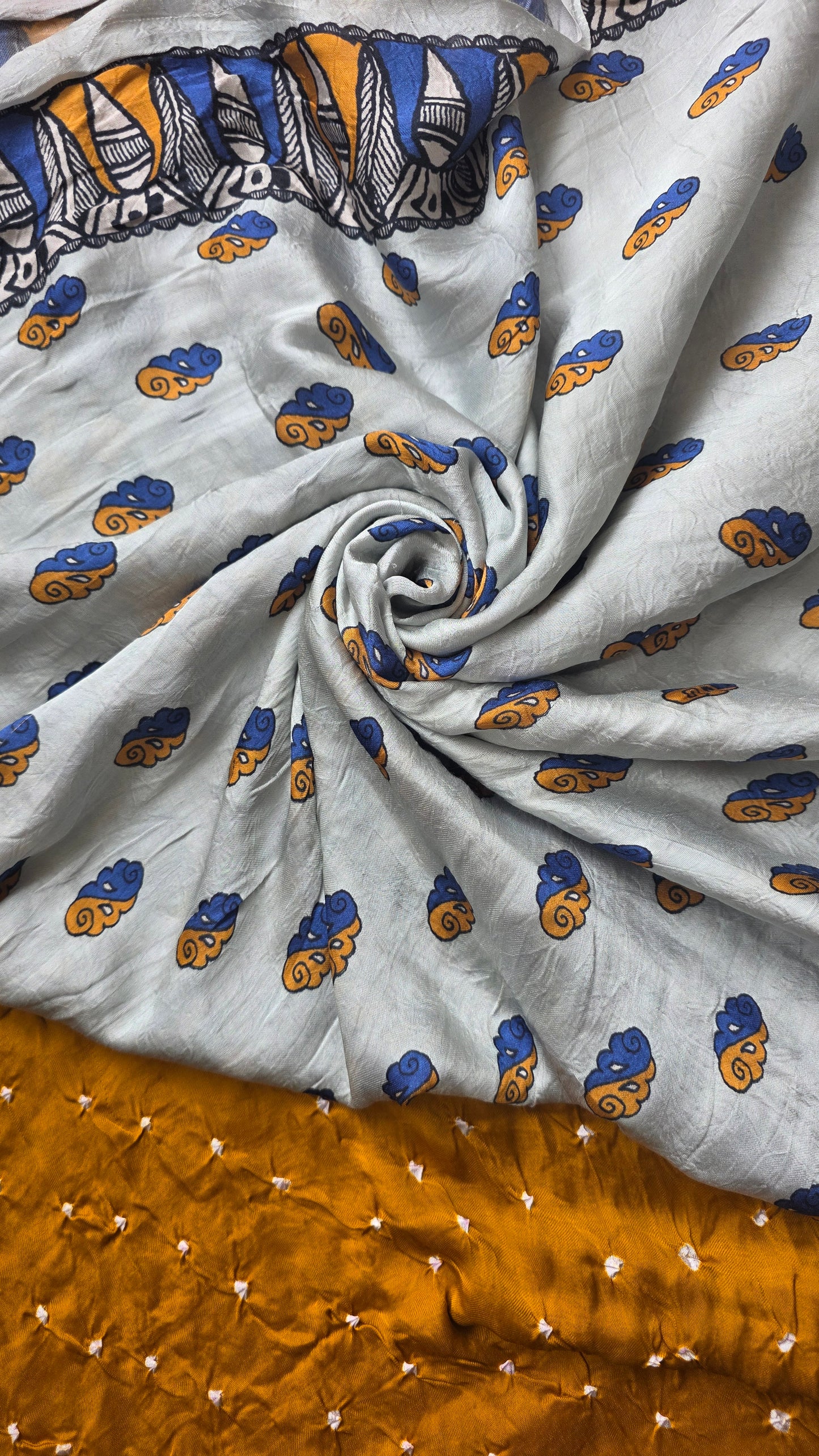 Boond | Mustard yellow Bandhej with pichwai Tissue pallu