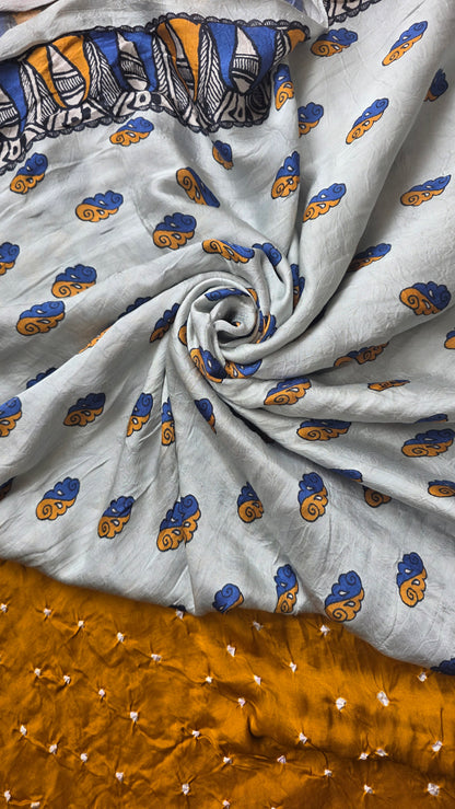 Boond | Mustard yellow Bandhej with pichwai Tissue pallu