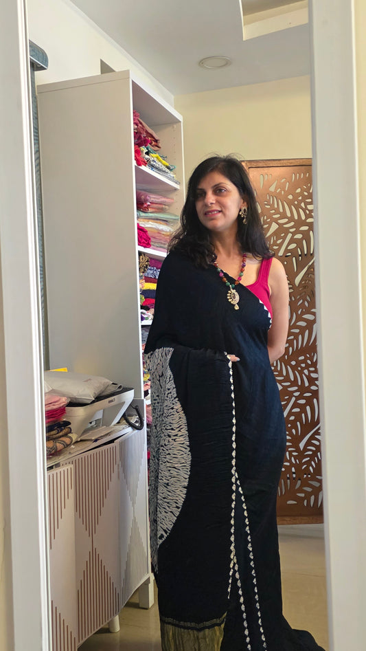 Boond|Blue plain Bandhej with Rasmandal Pallu