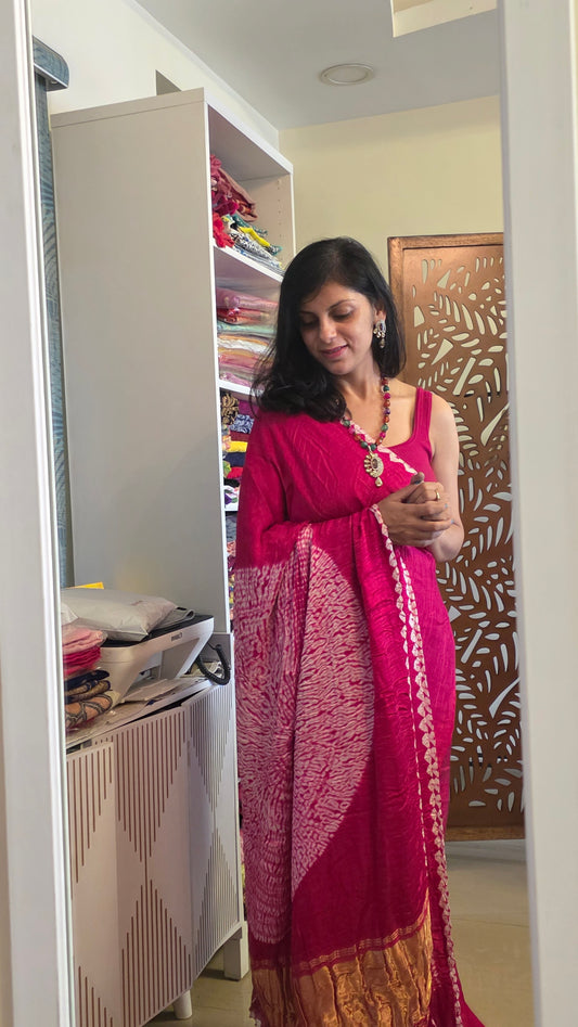 Boond|Pink plain Bandhej with Rasmandal Pallu