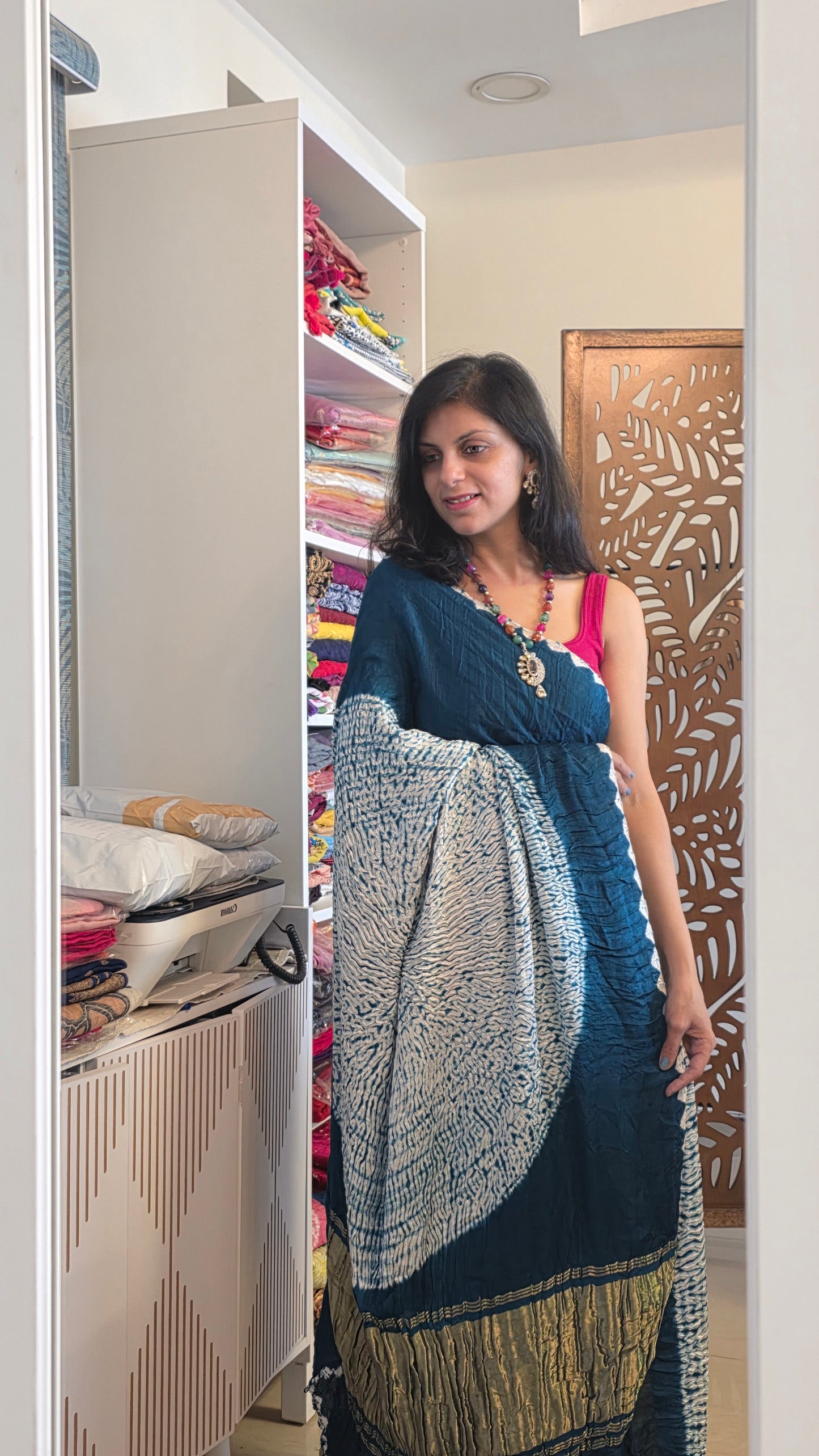 Boond| Emerald green plain Bandhej Saree with Rasmandal Pallu
