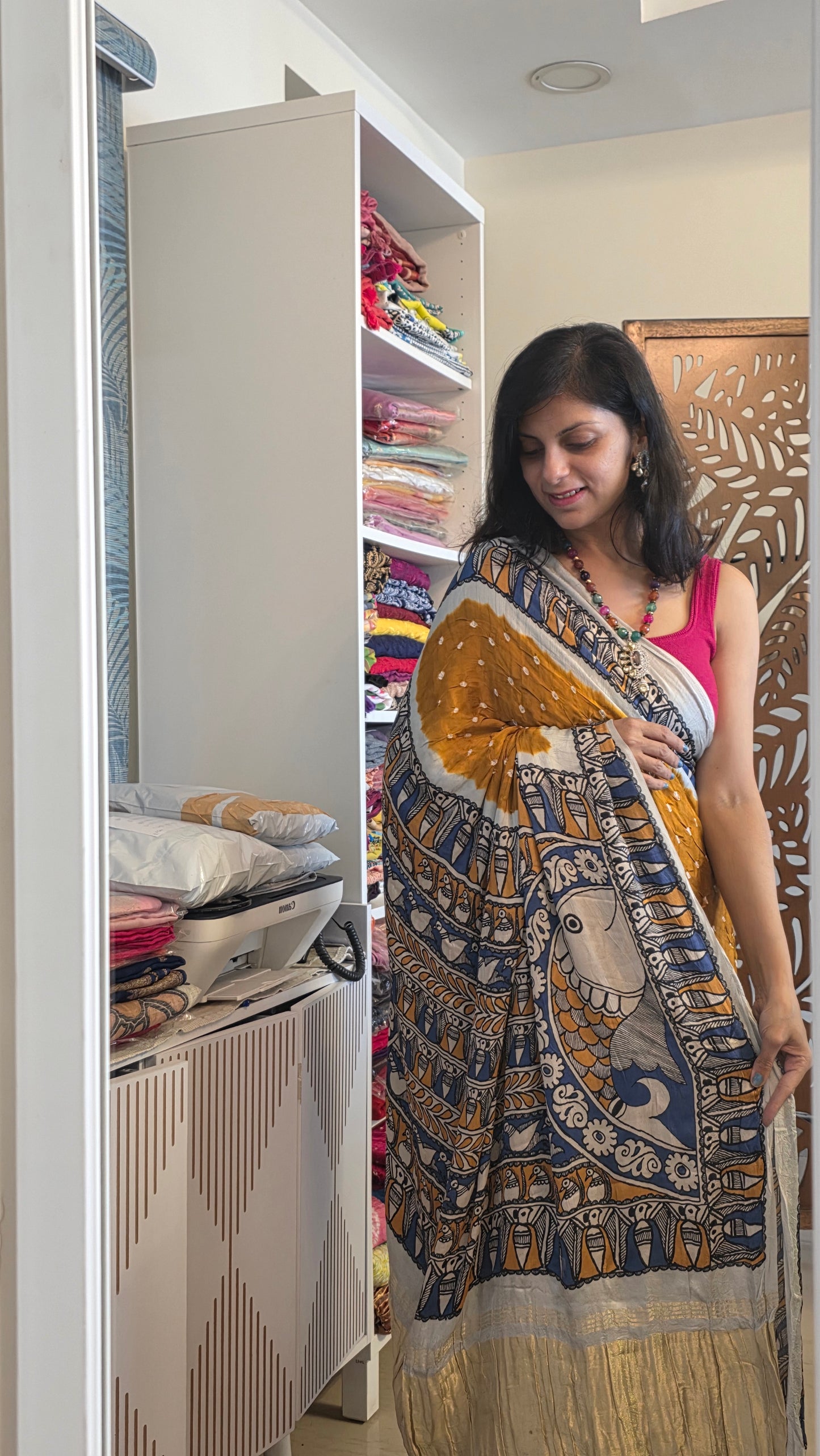 Boond | Mustard yellow Bandhej with pichwai Tissue pallu