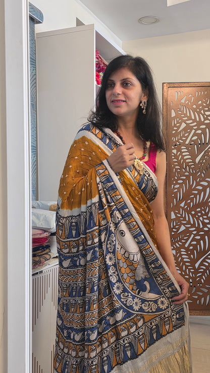 Boond | Mustard yellow Bandhej with pichwai Tissue pallu