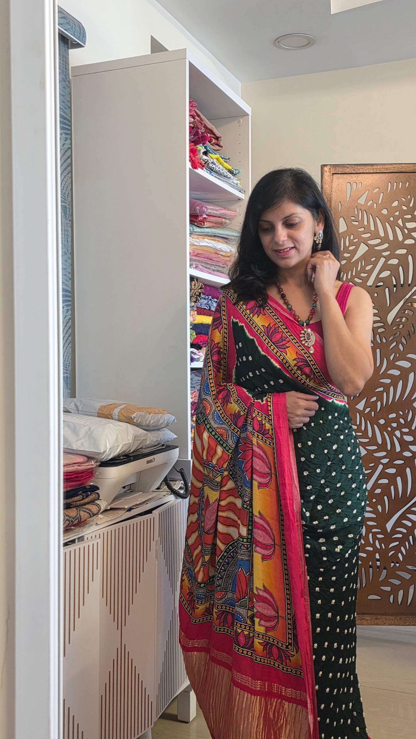 Boond | Green Bandhej with pichwai Tissue pallu