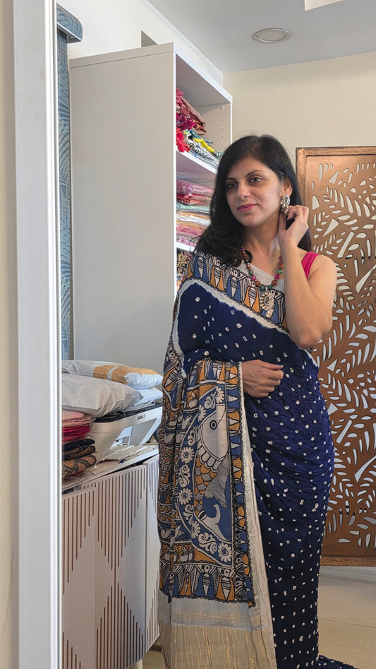Boond |Royal BlueBandhej with pichwai Tissue pallu