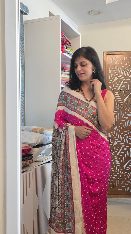 Boond | Pink Bandhej with pichwai Tissue pallu