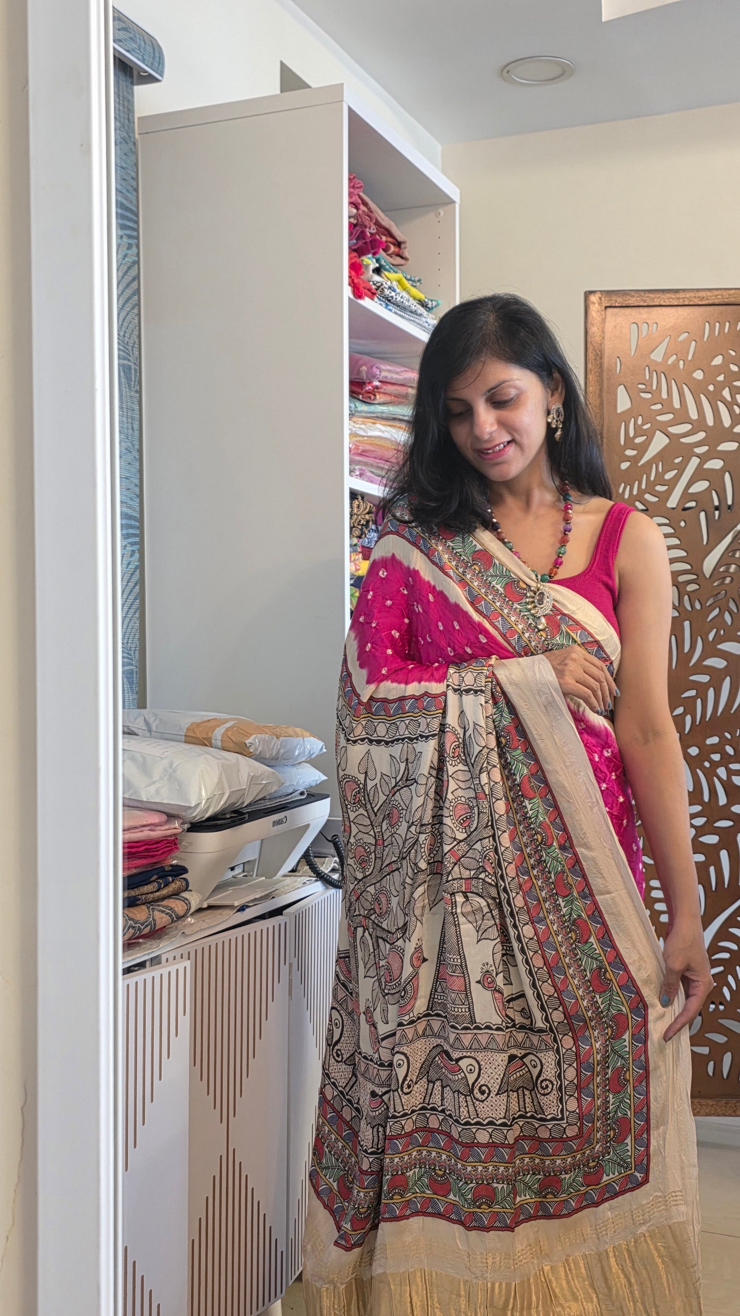 Boond | Pink Bandhej with pichwai Tissue pallu
