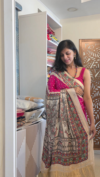 Boond | Pink Bandhej with pichwai Tissue pallu
