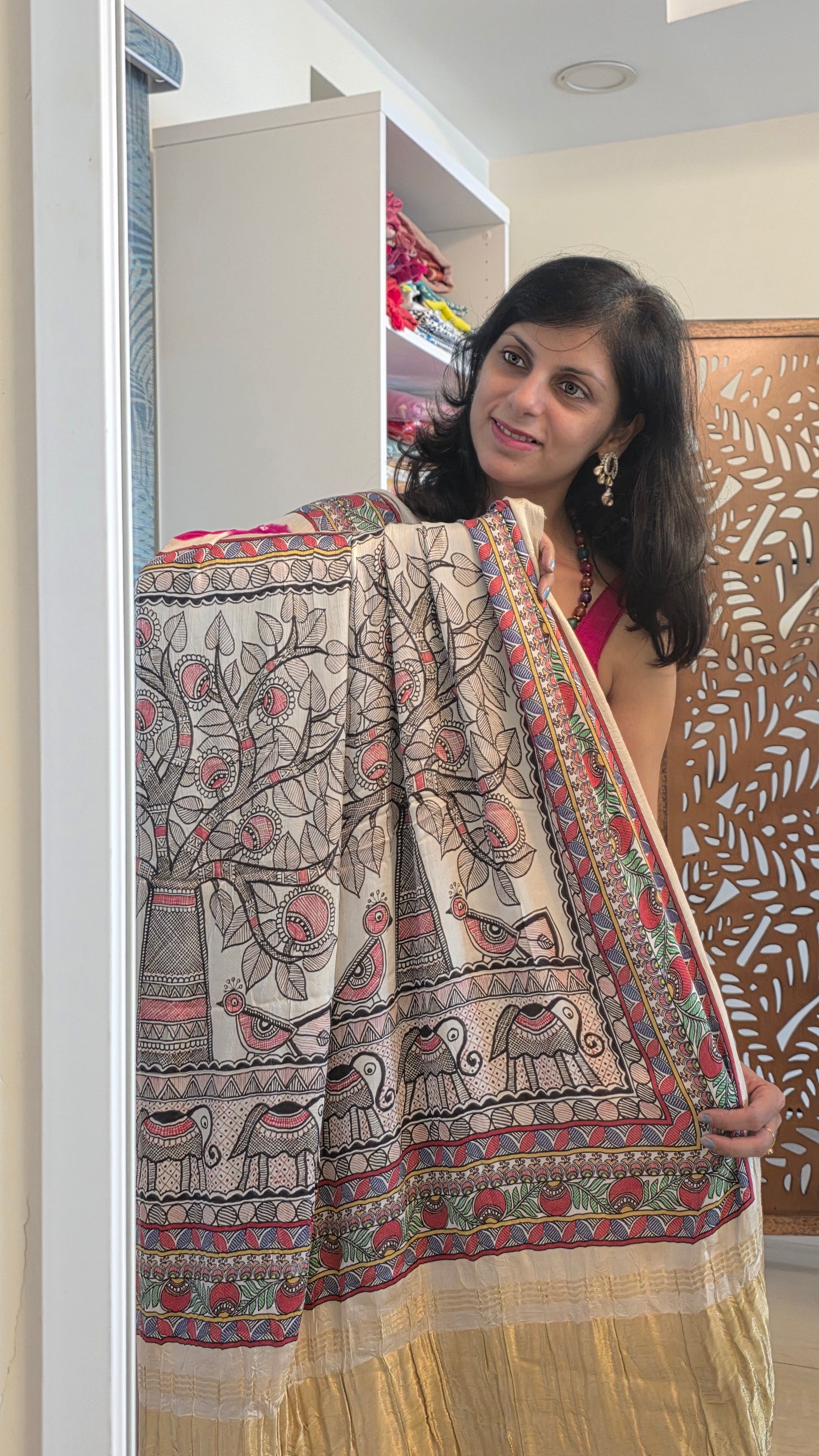 Boond | Pink Bandhej with pichwai Tissue pallu