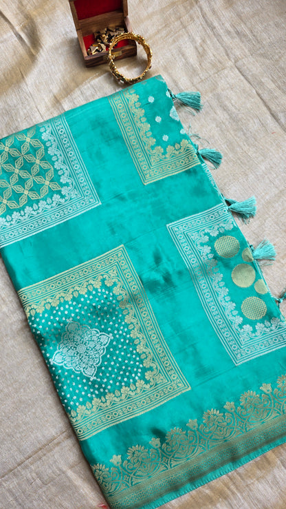 Sea Green Festive Saree with Gold Border | Karva Chauth Collection