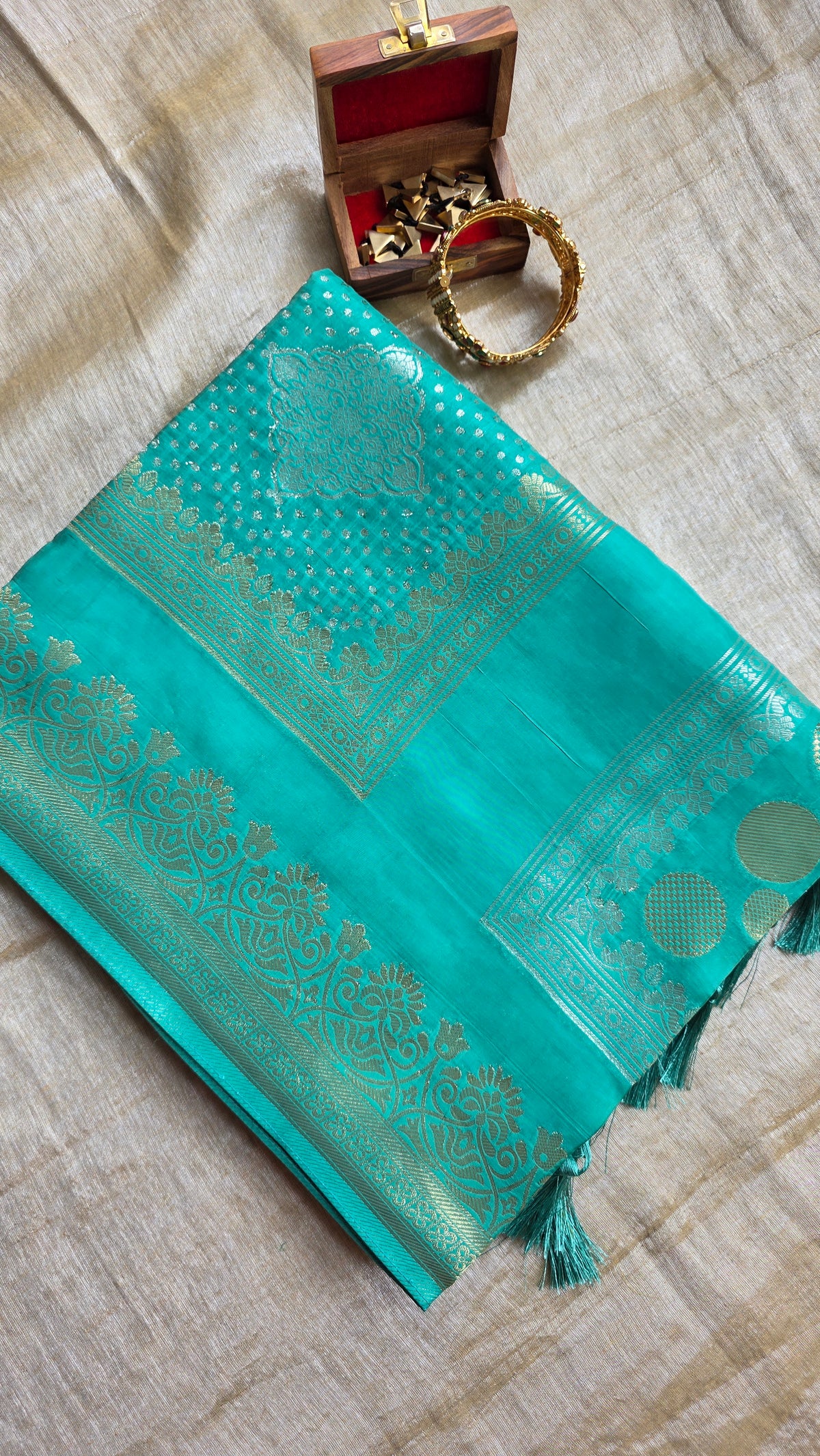 Sea Green Festive Saree with Gold Border | Karva Chauth Collection