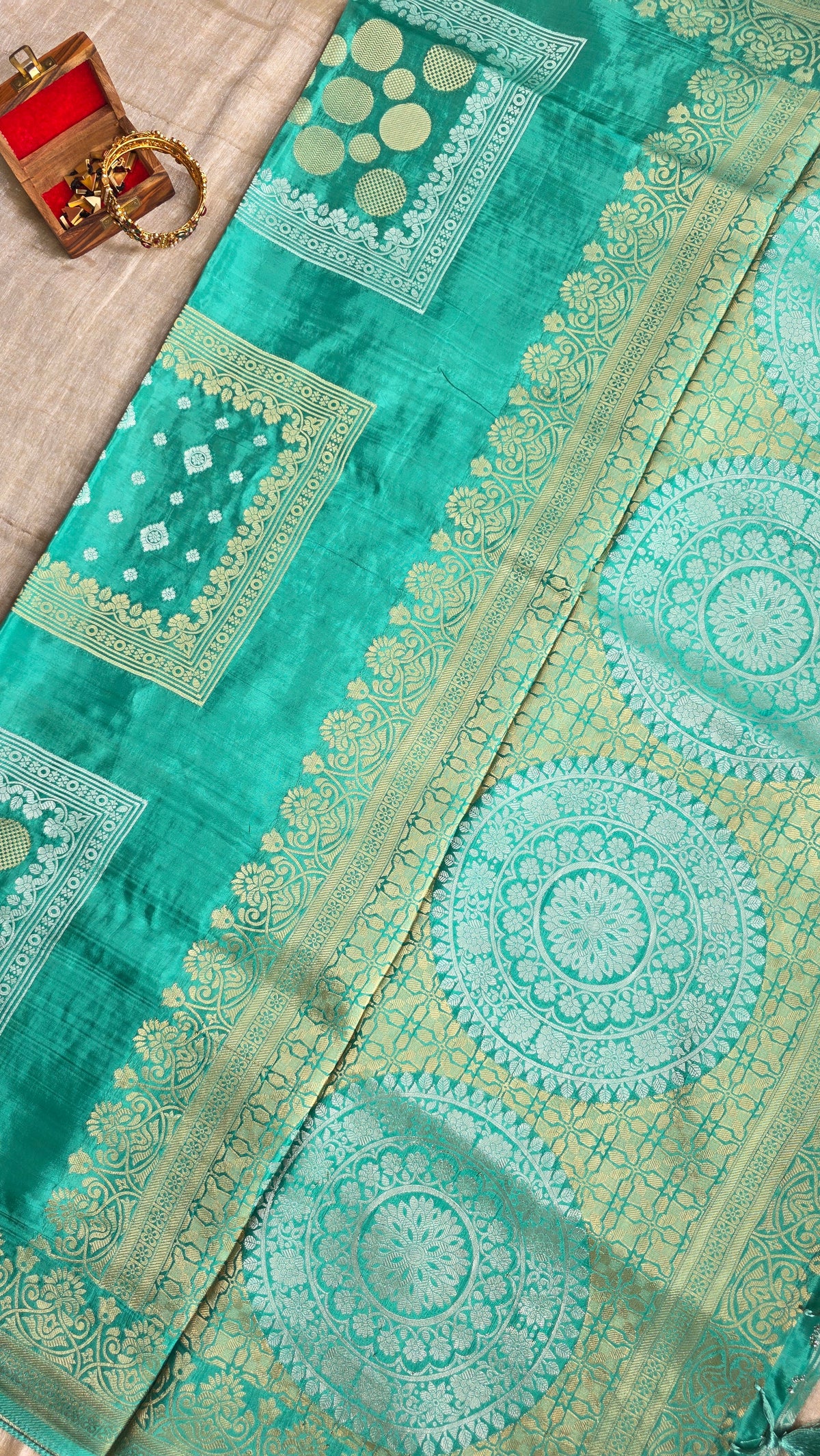 Sea Green Festive Saree with Gold Border | Karva Chauth Collection