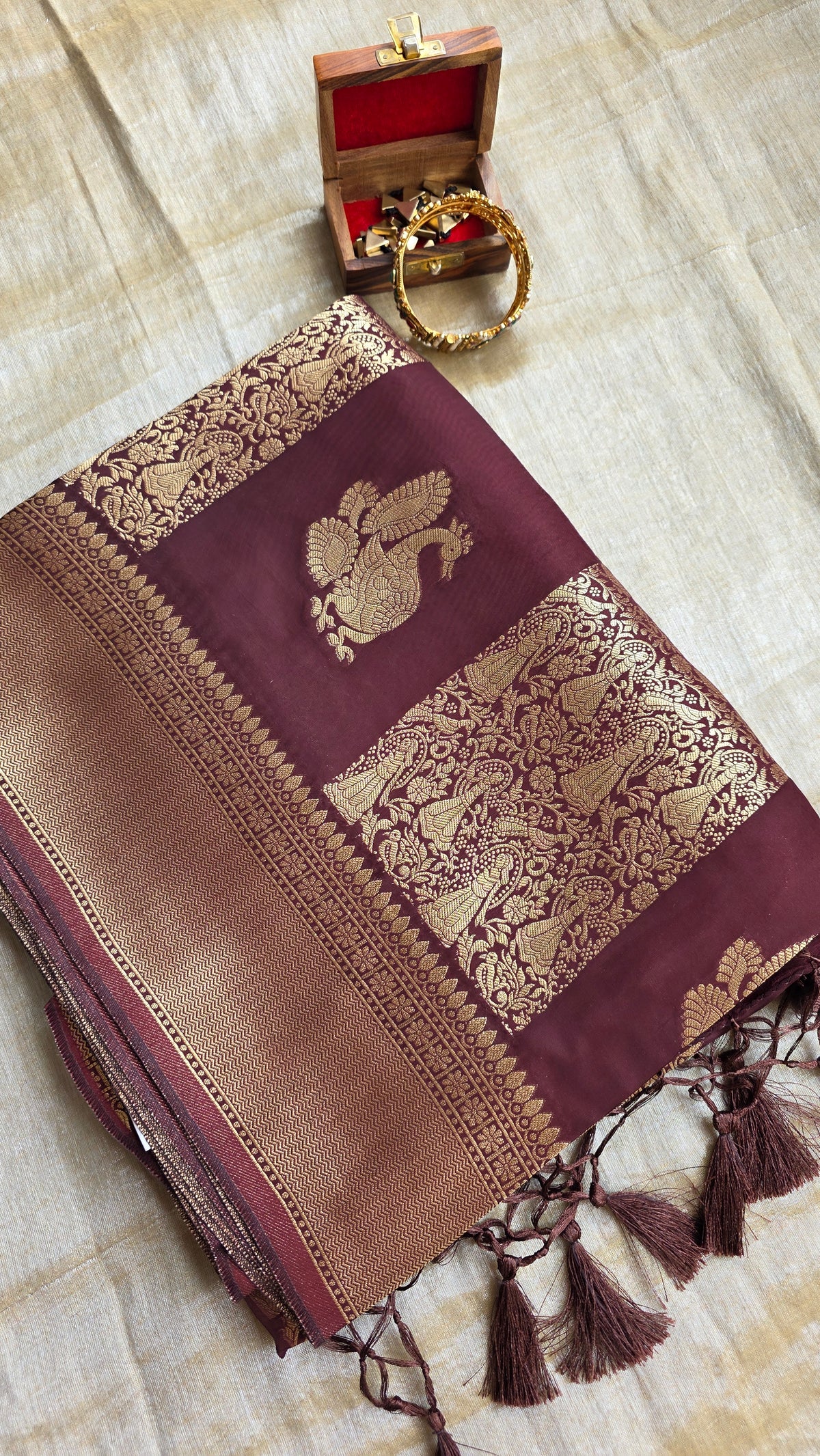 Brown Festive Saree with Gold Border | Karva Chauth Collection