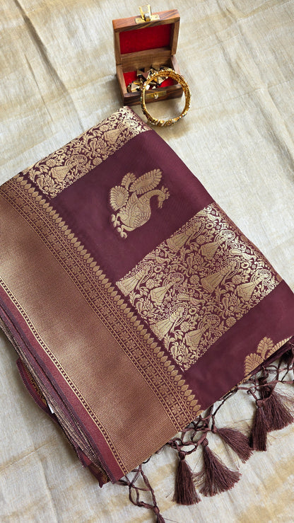 Brown Festive Saree with Gold Border | Karva Chauth Collection