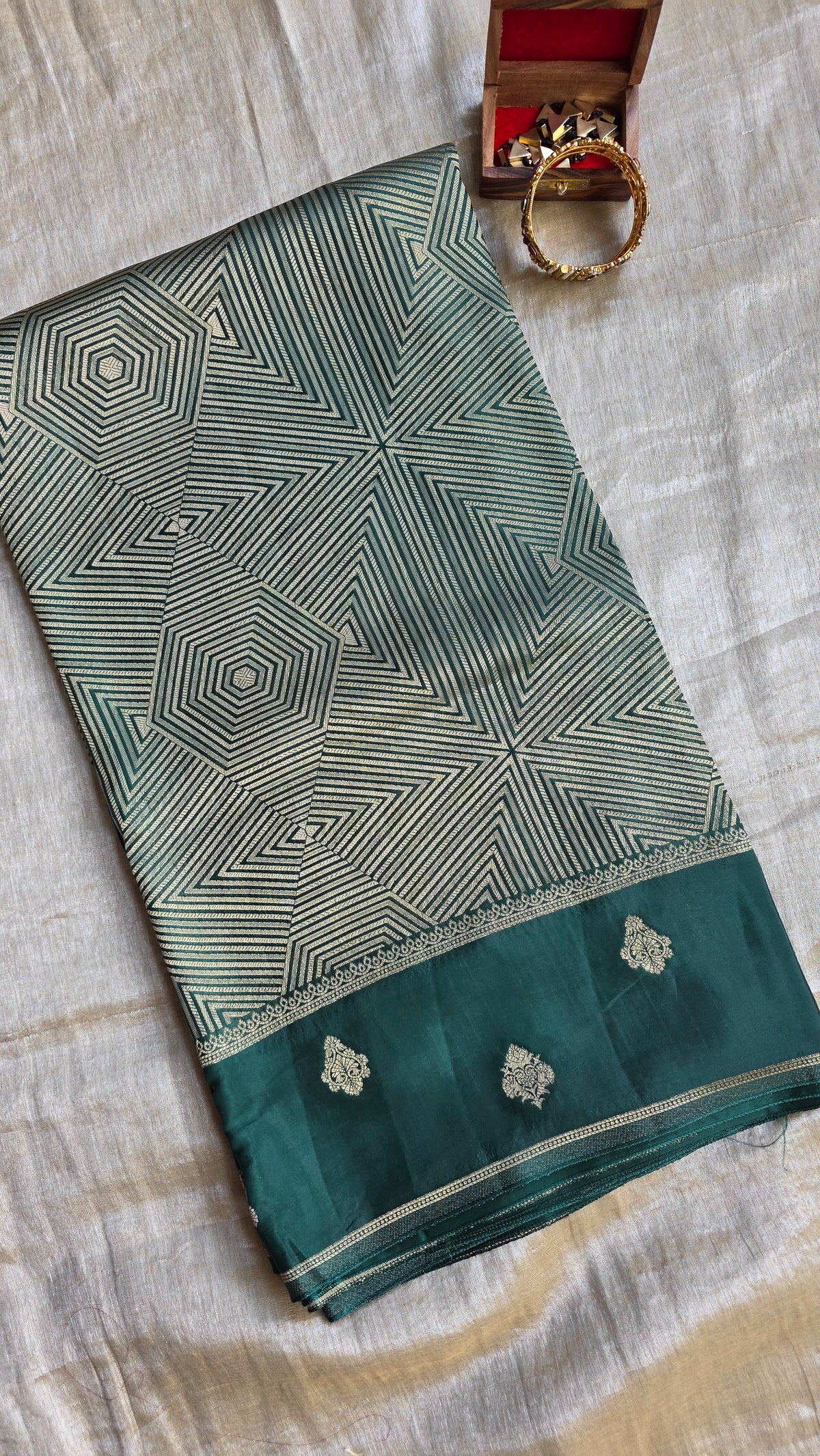 Green Festive Saree with Gold Border | Karva Chauth Collection