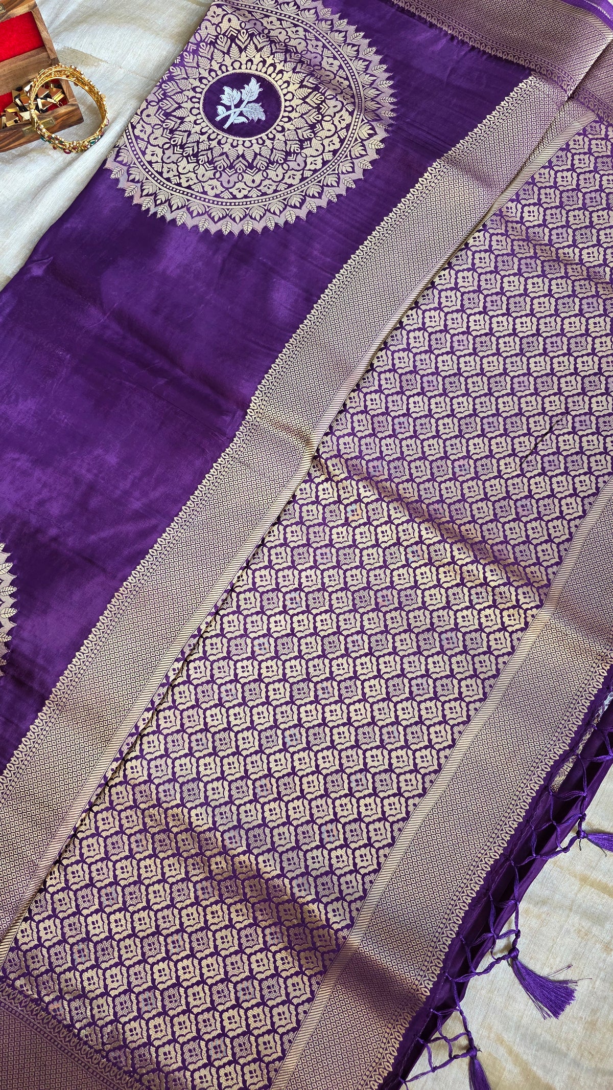 Purple Festive Saree with Gold Border | Karva Chauth Collection