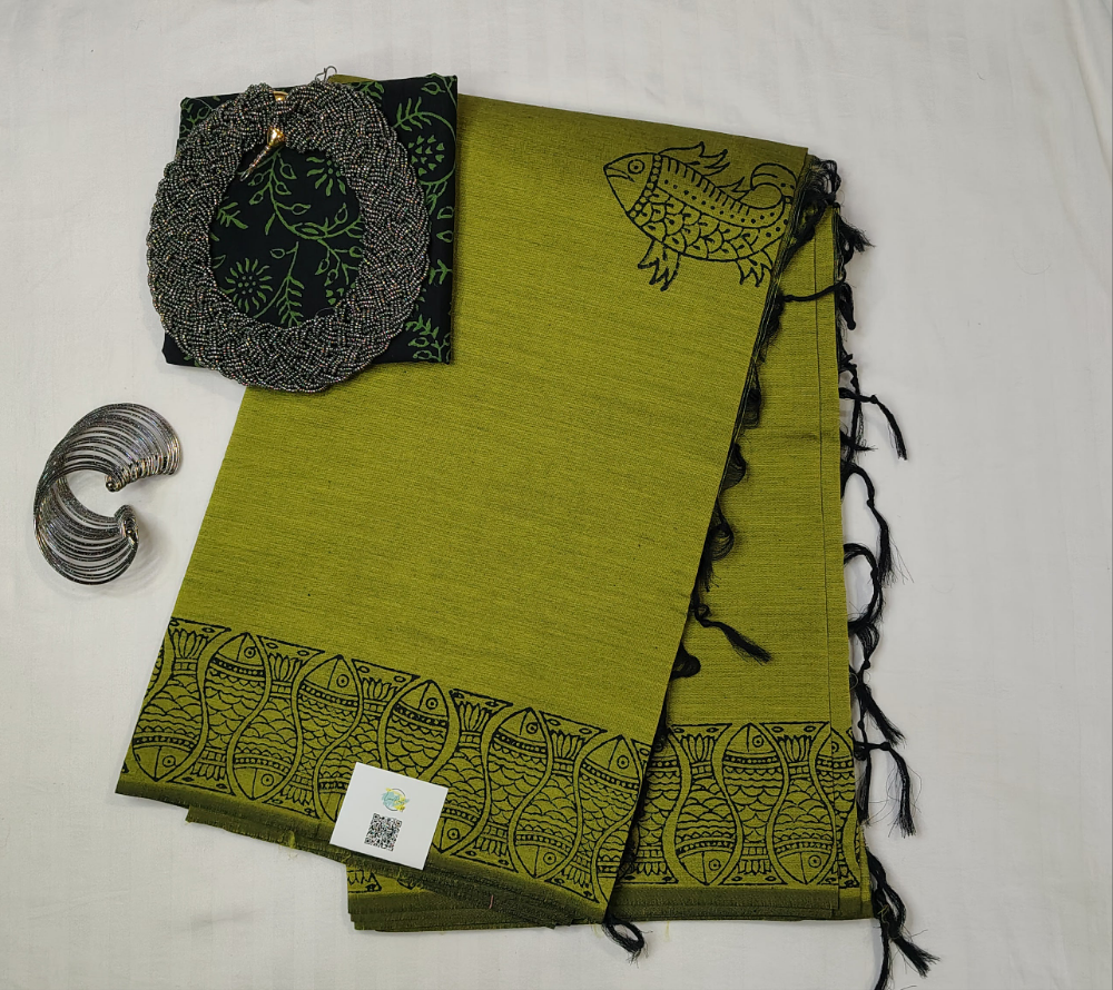 Green South Cotton Handblock printed Saree