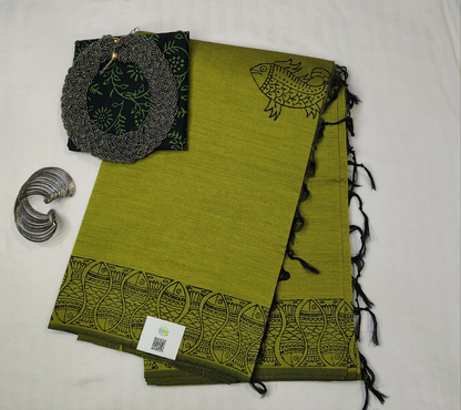 Green South Cotton Handblock printed Saree