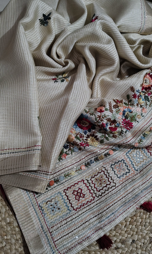 Ivory tussar silk saree with hand embroidery