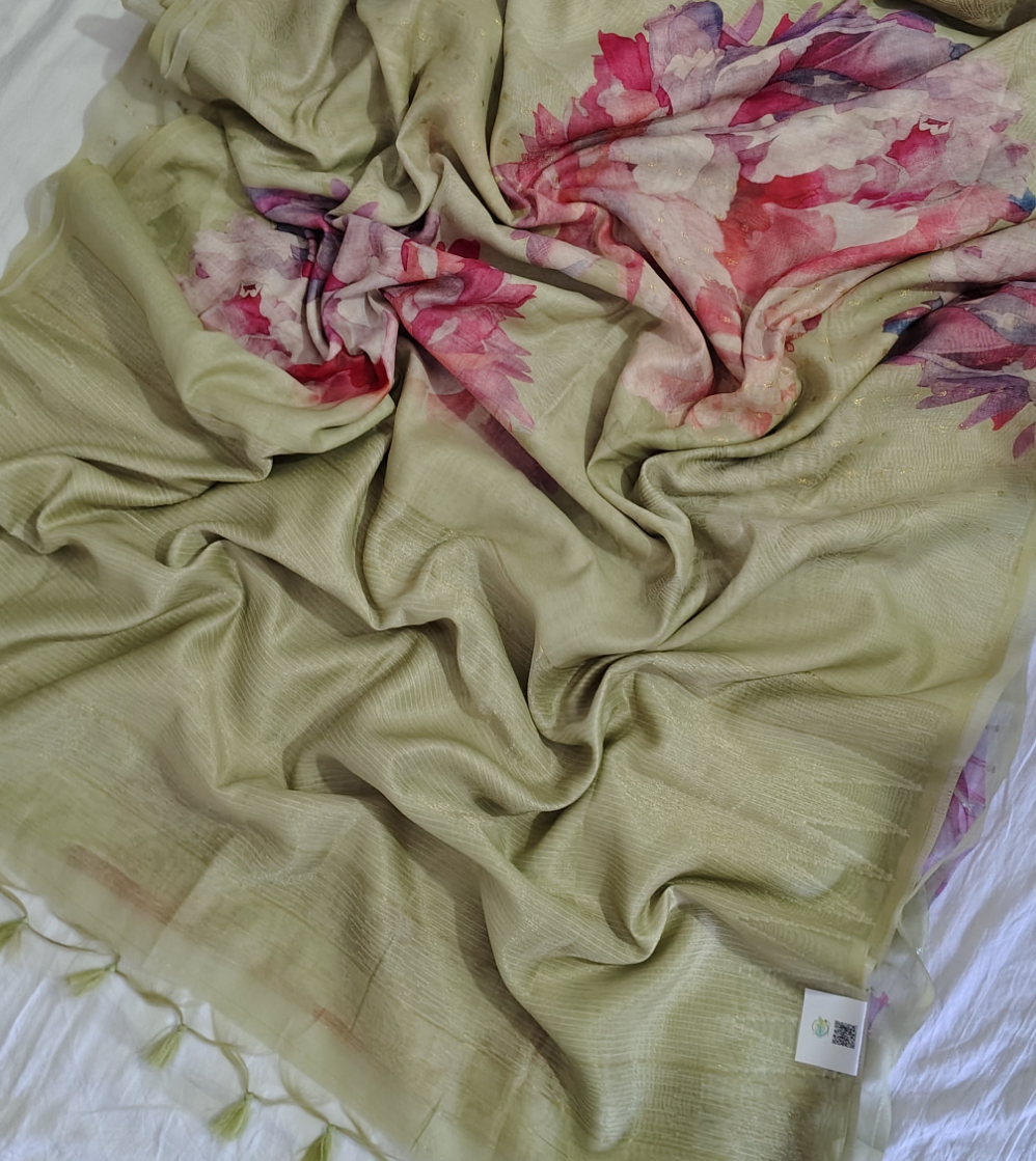 pastel green floral linen saree full view
