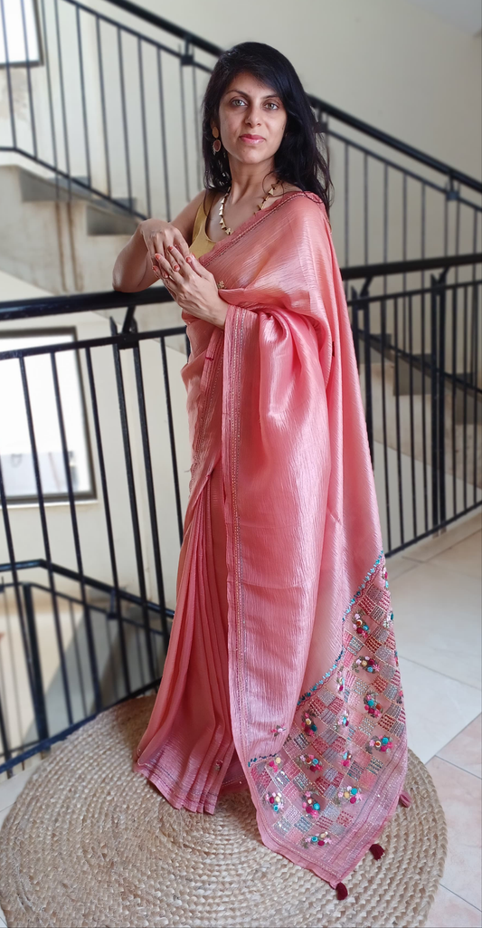 Crushed Tissue Silk Saree with Hand Embroidery –Rose Gold Party Wear Saree
