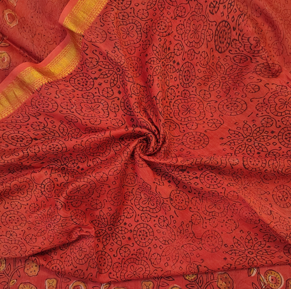 Handblock Printed Maheshwari Silk Saree – Lightweight, Traditional Elegance