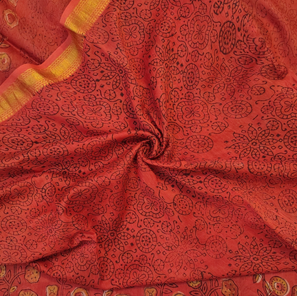 Handblock Printed Maheshwari Silk Saree – Lightweight, Traditional Elegance