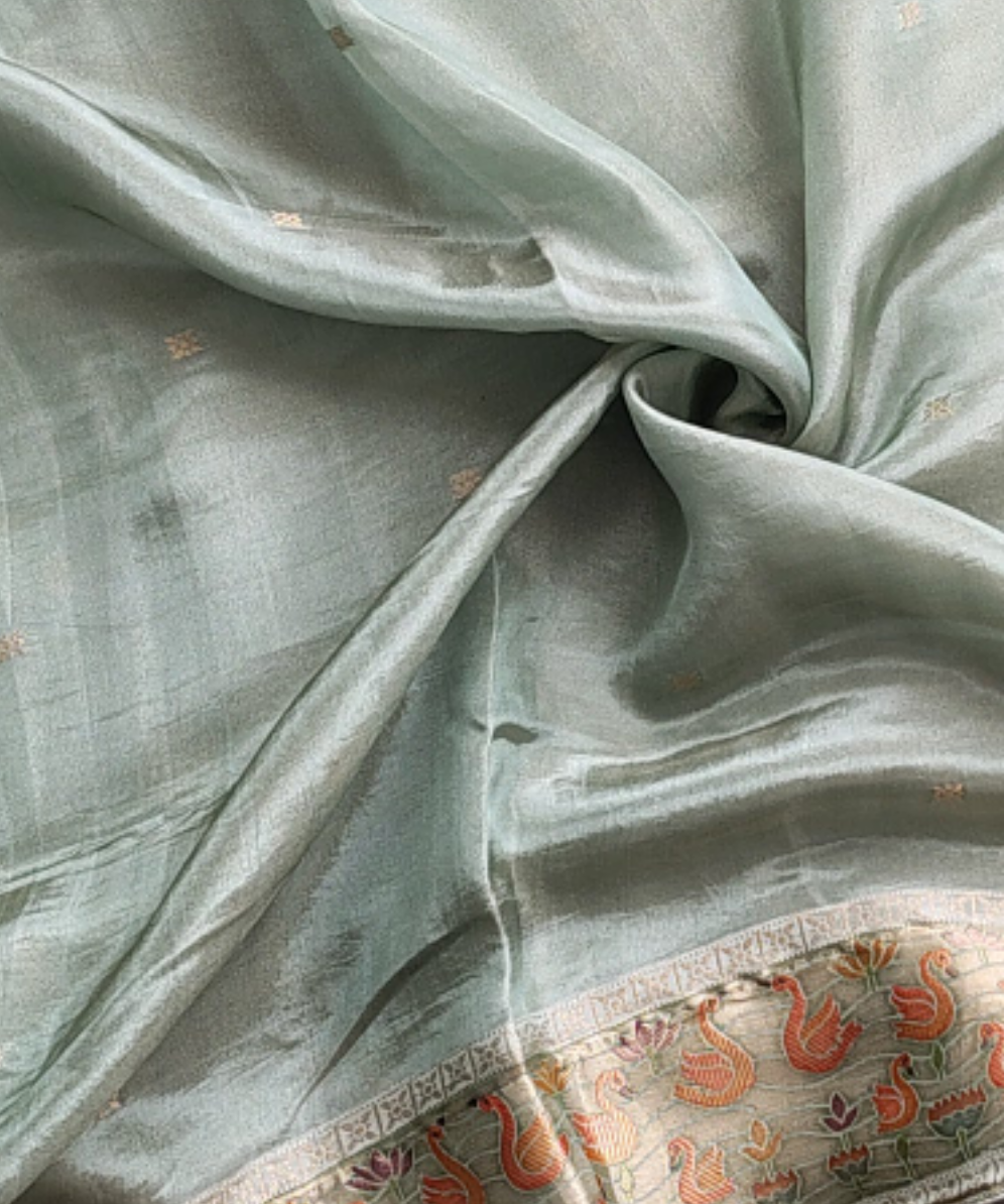 Metallic green Banarasi Tissue Silk Saree with Figure Weaves