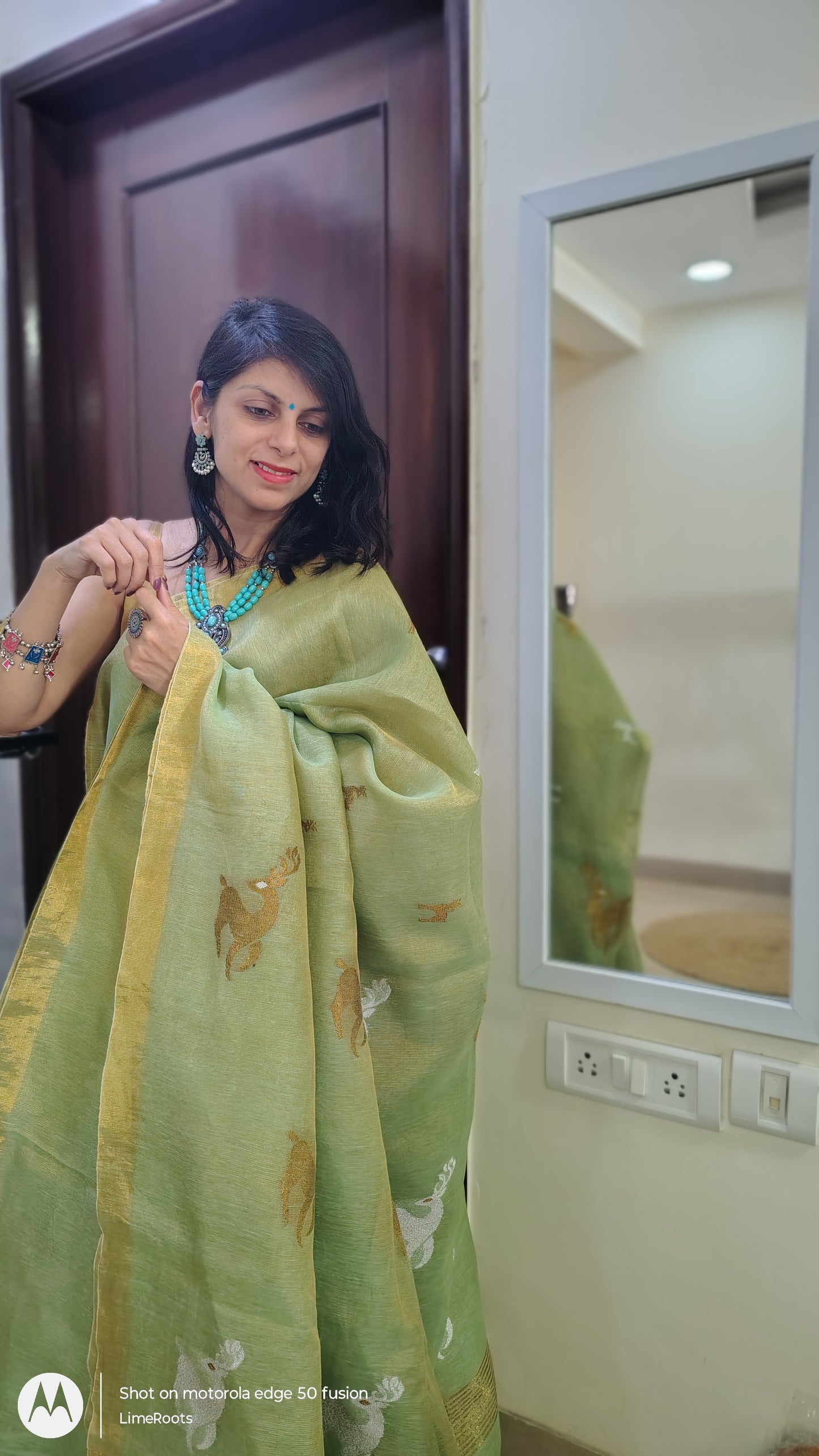 Linen Tissue Metallic Sarees - Two tone Green