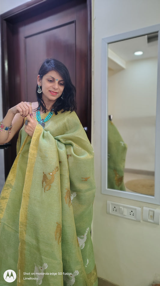 Linen Tissue Metallic Sarees - Two tone Green