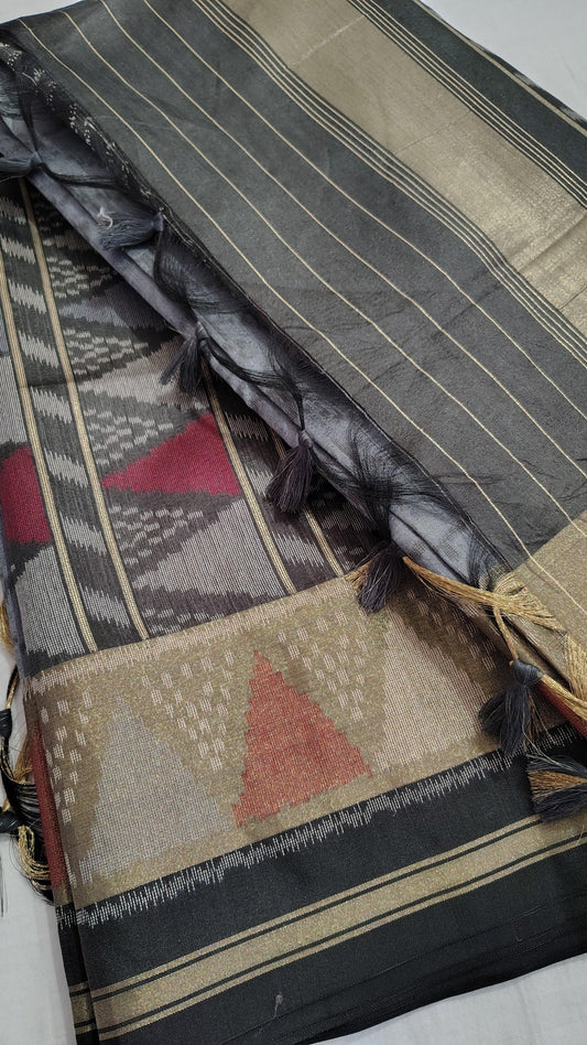 TUSSAR SILK BLACK GREY,  FULL VIEW