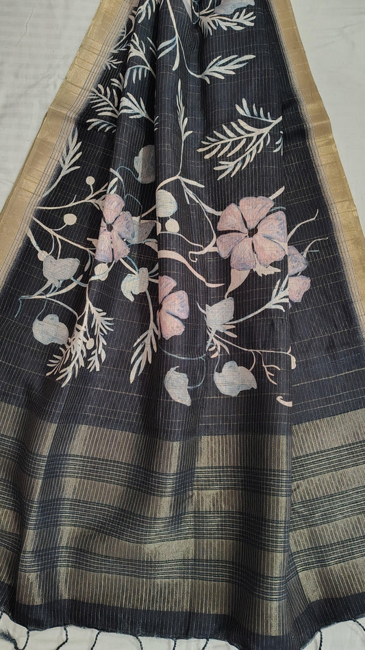 SEMI Tussar silk saree - Black Toned , PALLU View