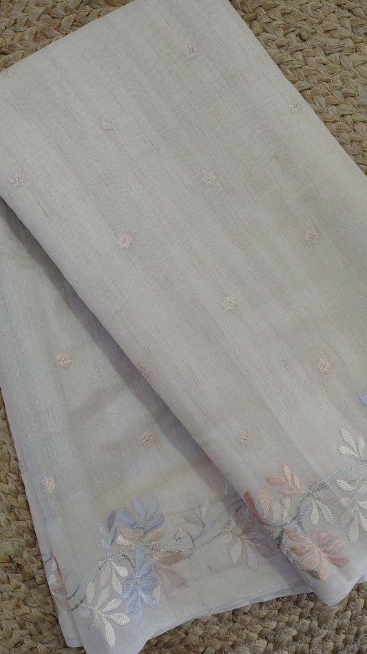 TUSSAR SILK SAREE  OFF WHITE WITH EMBROIDERY ON BORDER